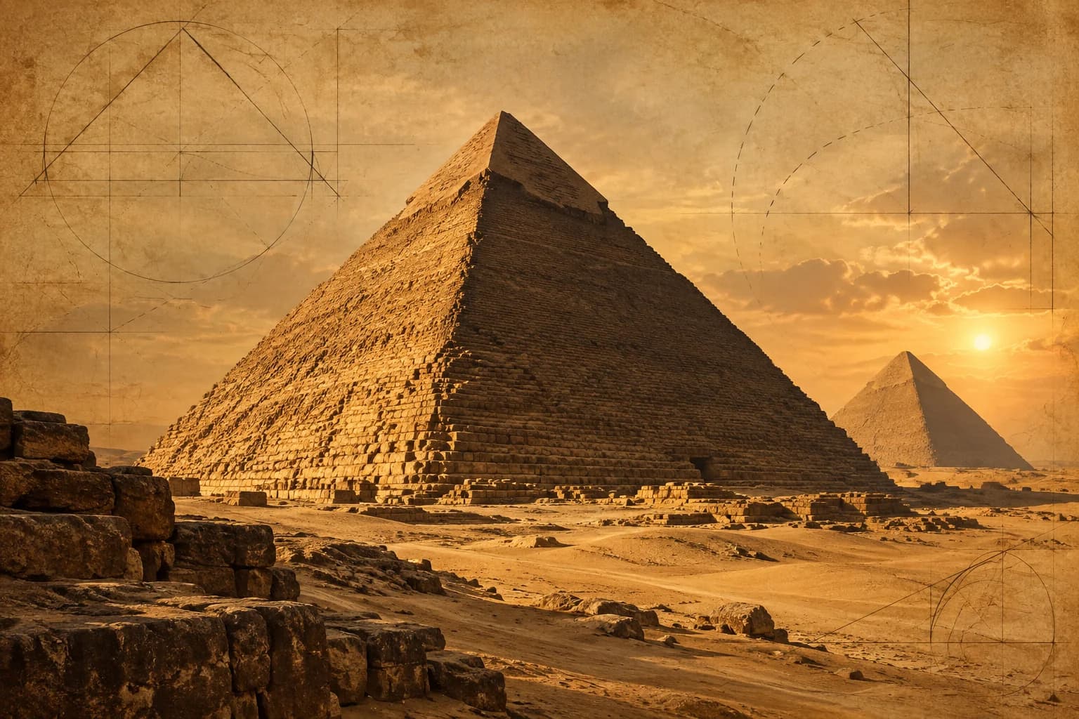 Pyramids with geometric survey markings on limestone-colored paper