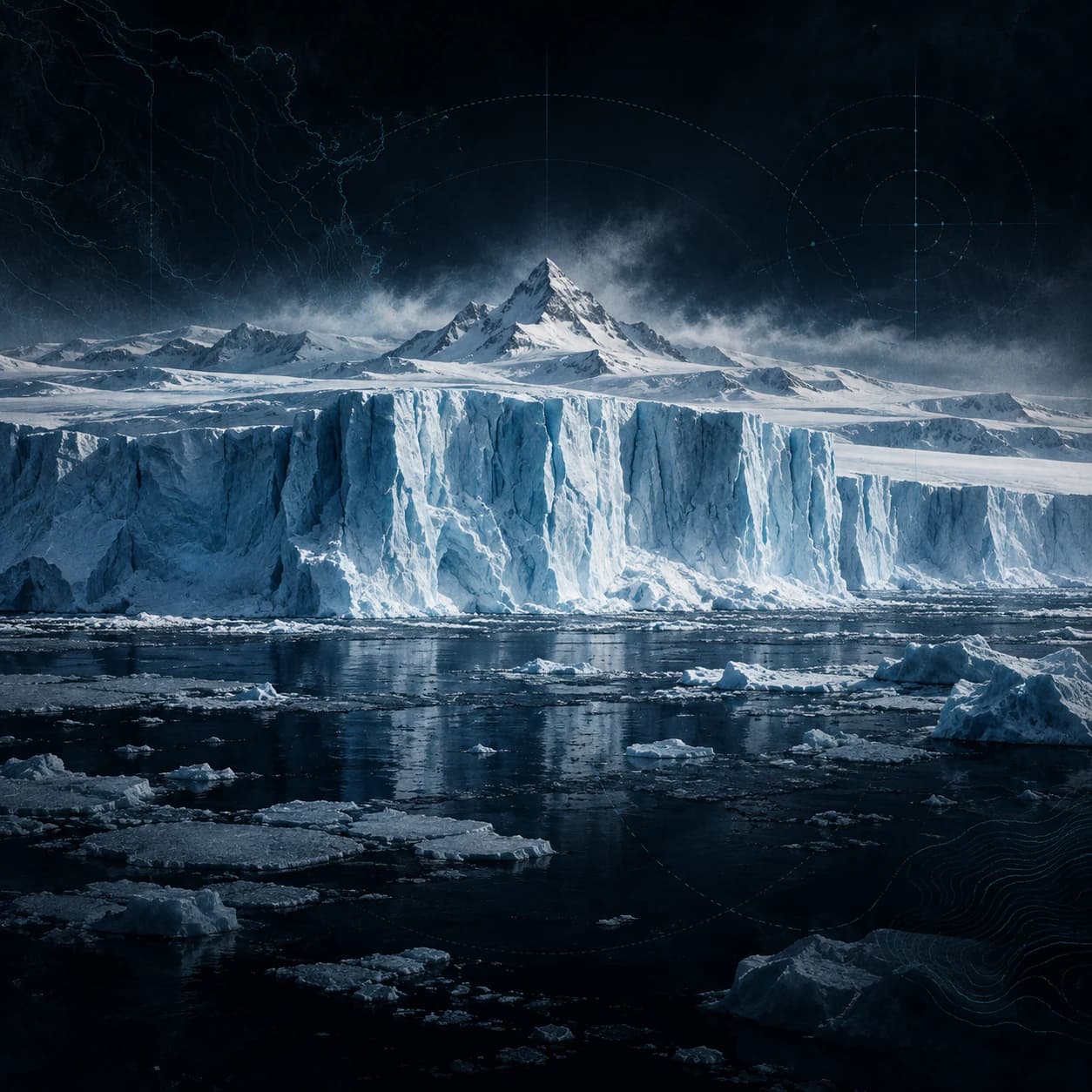 Blue Antarctic ice cliffs and a natural mountain peak with polar survey lines
