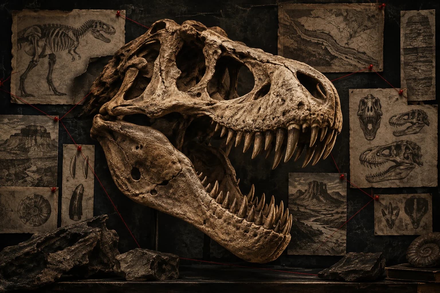 A fossil skull with geological drawings and red investigation threads