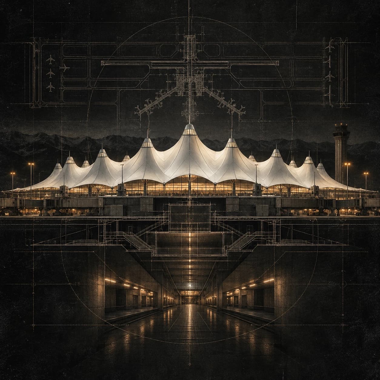 Denver’s white tent-roof terminal over amber runway plans and an underground corridor