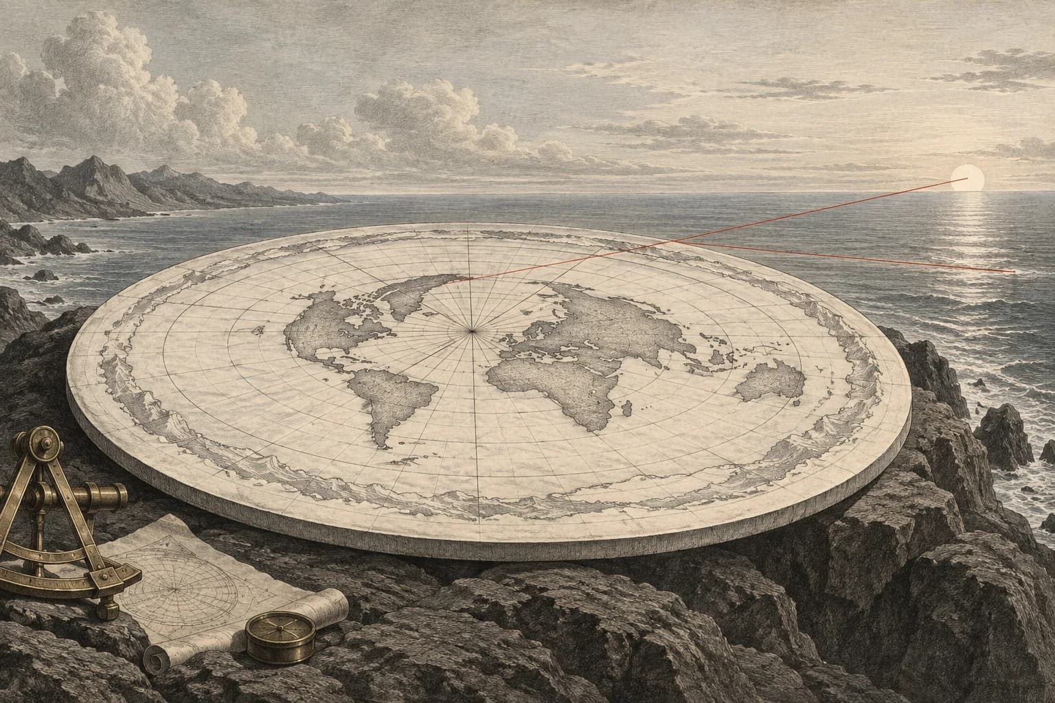 An engraved circular map with red horizon measurement lines