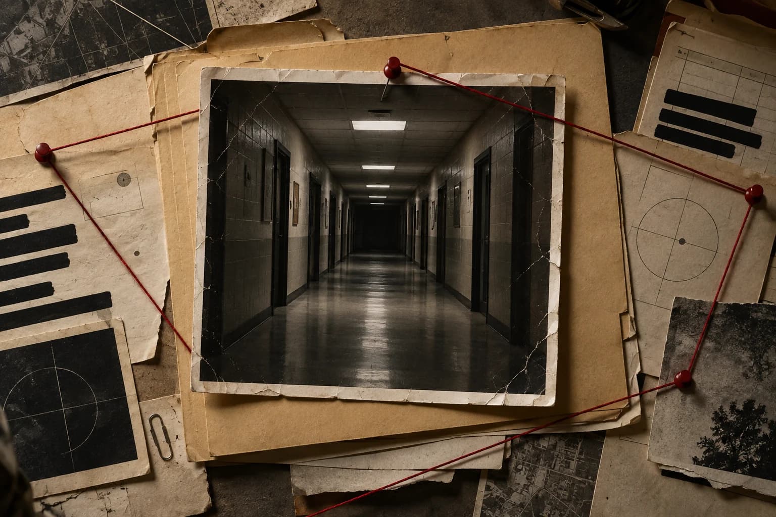 Archival papers and an institutional corridor arranged as a dossier