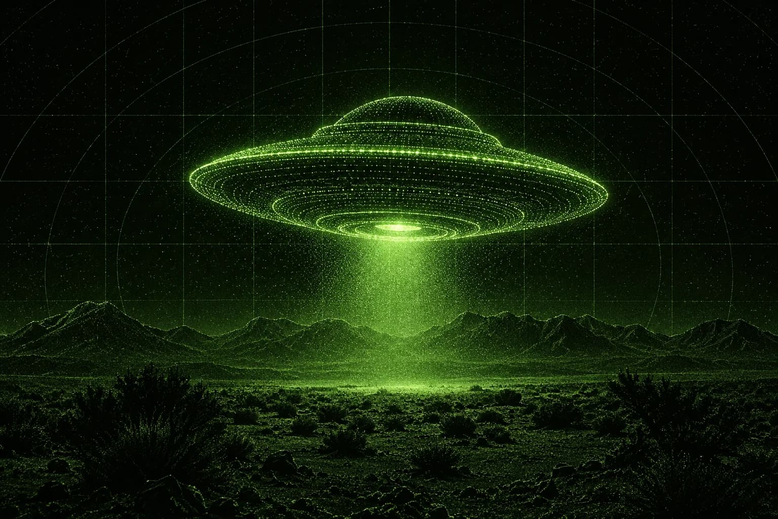 A green scanner illustration of a flying saucer above a desert